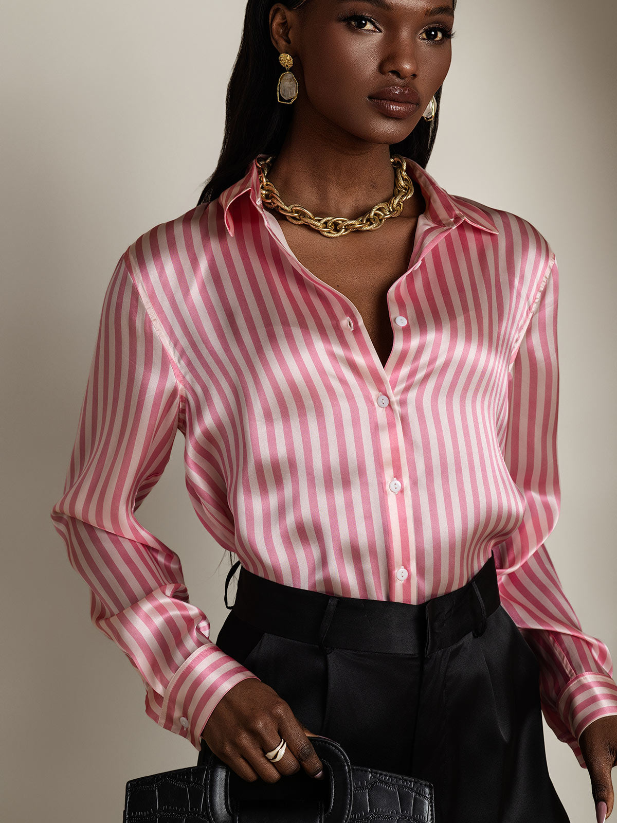[Rosa Streifen] SilkSilky-DE Long Sleeve Lapel Collar Damenhemd 001