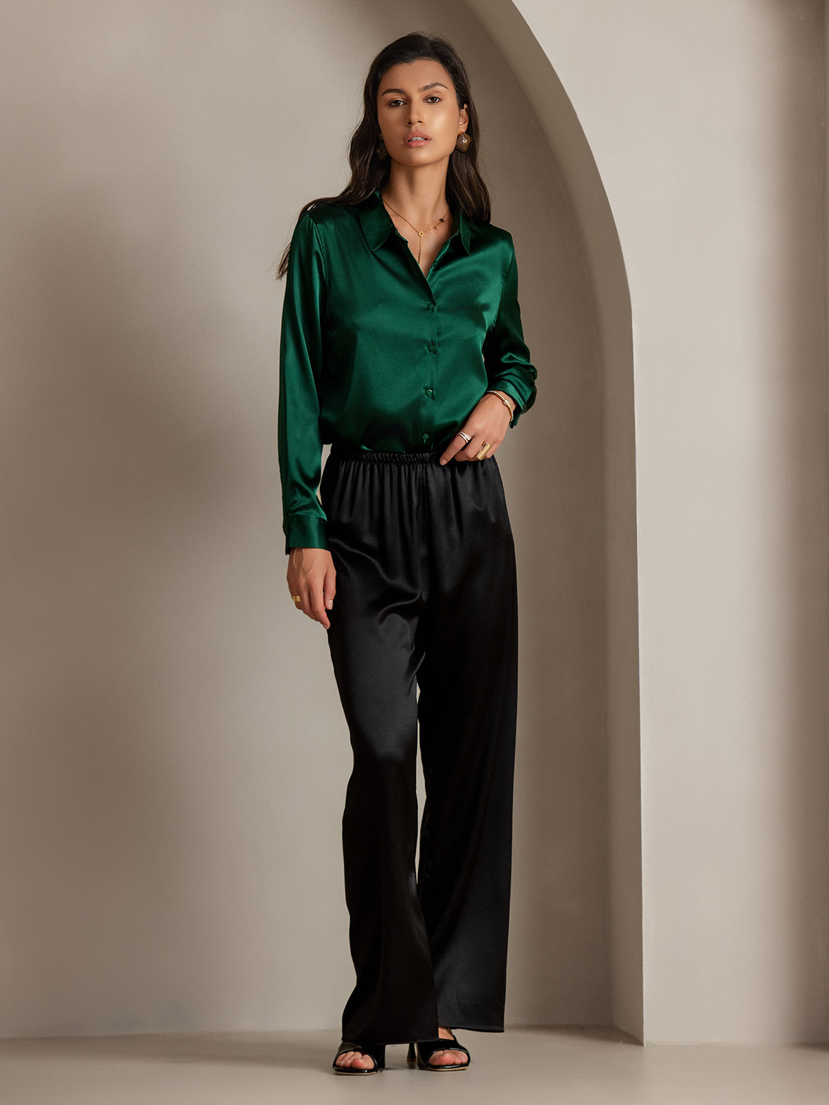 [Dunkelgrün] SilkSilky-DE Seide Langärmelig Umlegekragen Damenhemd 008