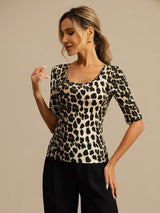 [Leopard] SilkSilky-DE Halblange Ärmel Tiefer Rundhalsausschnitt T-Shirt 003