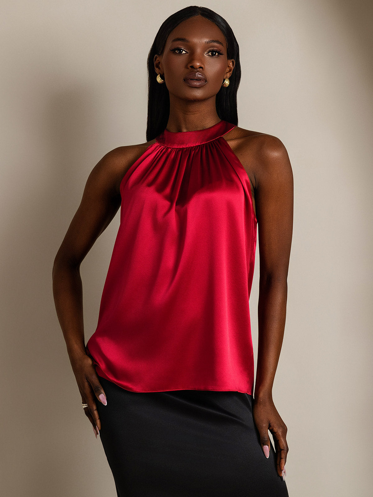 [Rotwein] SilkSilky-DE 19Momme Ärmellos Neckholder T-Shirt 004