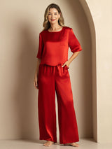 [Rotwein] SilkSilky-DE Half Sleeve Round Neck Damen Pyjamas 003