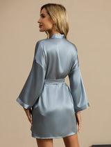 [Graublau] SilkSilky-DE 3/4 Sleeve Damen Morgenmantel 002