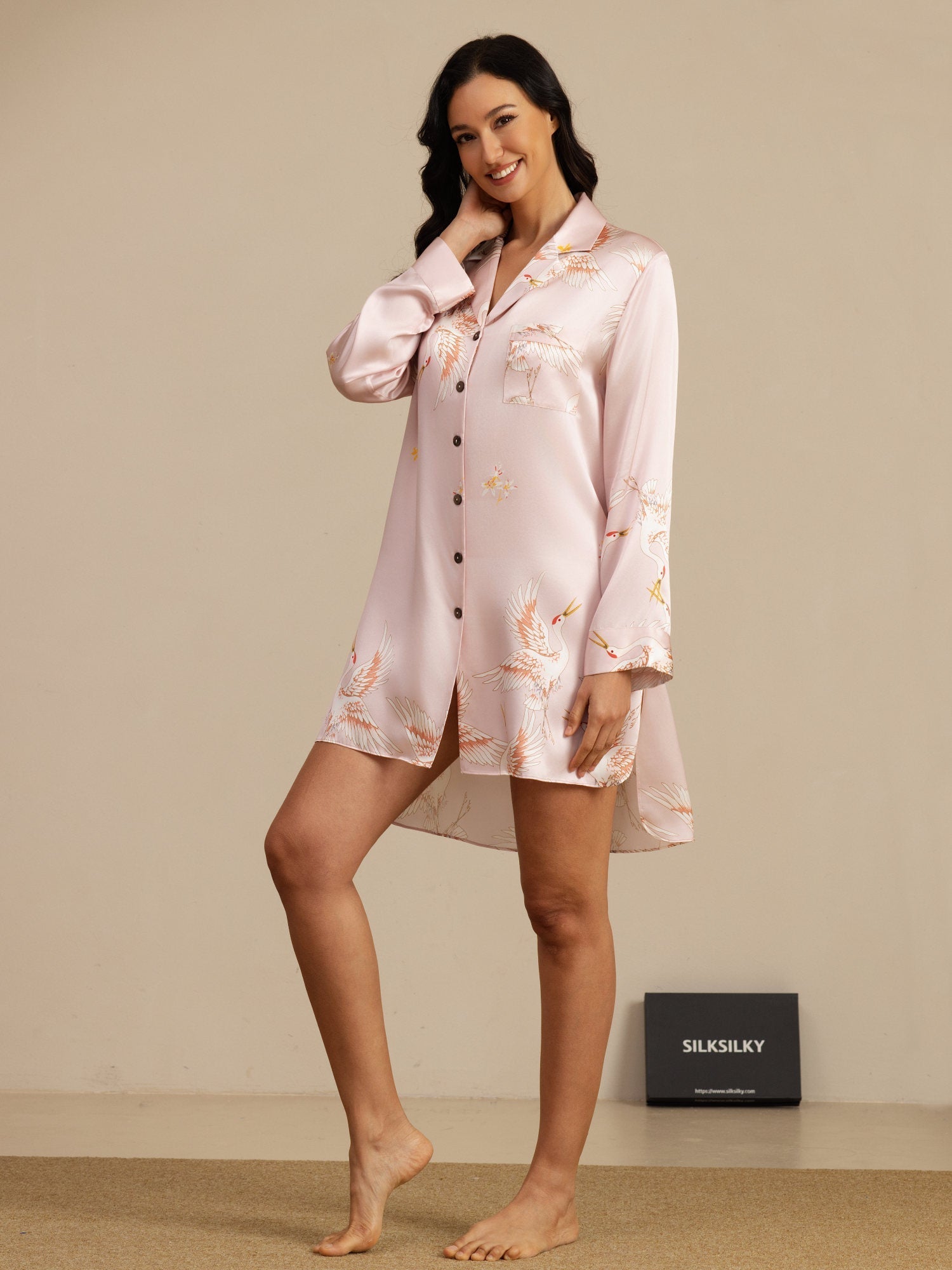 [Rosa] SilkSilky-DE Long Sleeve Lapel Collar Schlafhemd 001