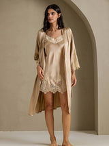 [Champagner] SilkSilky-DE 3/4 Sleeve V Neck Nachthemd&Morgenmantel Set 003