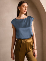 [Echtes Petrol] SilkSilky-DE Cap Sleeve Round Neck T-Shirt 003