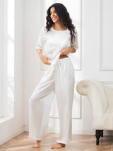 [Weiß] SilkSilky-DE Half Sleeve Round Neck Damen Pyjamas 006