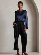 [Dunkelblau] SilkSilky-DE Long Sleeve Boat Neck Bluse 007