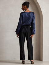 [Dunkelblau] SilkSilky-DE Long Sleeve Boat Neck Bluse 002