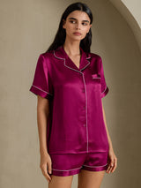 [Fuchsie] SilkSilky-DE Short Sleeve Notch-Kragen Damen Pyjamas 006