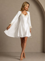 [Weiß] SilkSilky-DE 3/4 Sleeve V Neck Nachthemd&Morgenmantel Set 006