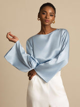 [Graublau] SilkSilky-DE Long Sleeve Boat Neck Bluse 004