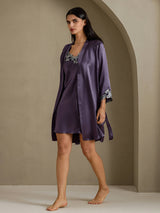 [Lilagrau] SilkSilky-DE 3/4 Sleeve V Neck Nachthemd&Morgenmantel Set 003