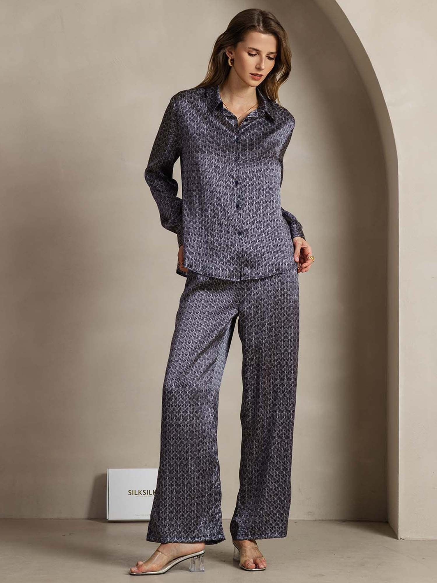 [MarineGinkgo] SilkSilky-DE 19Momme Seide Umlegekragen Women''s Outfit Sets 003