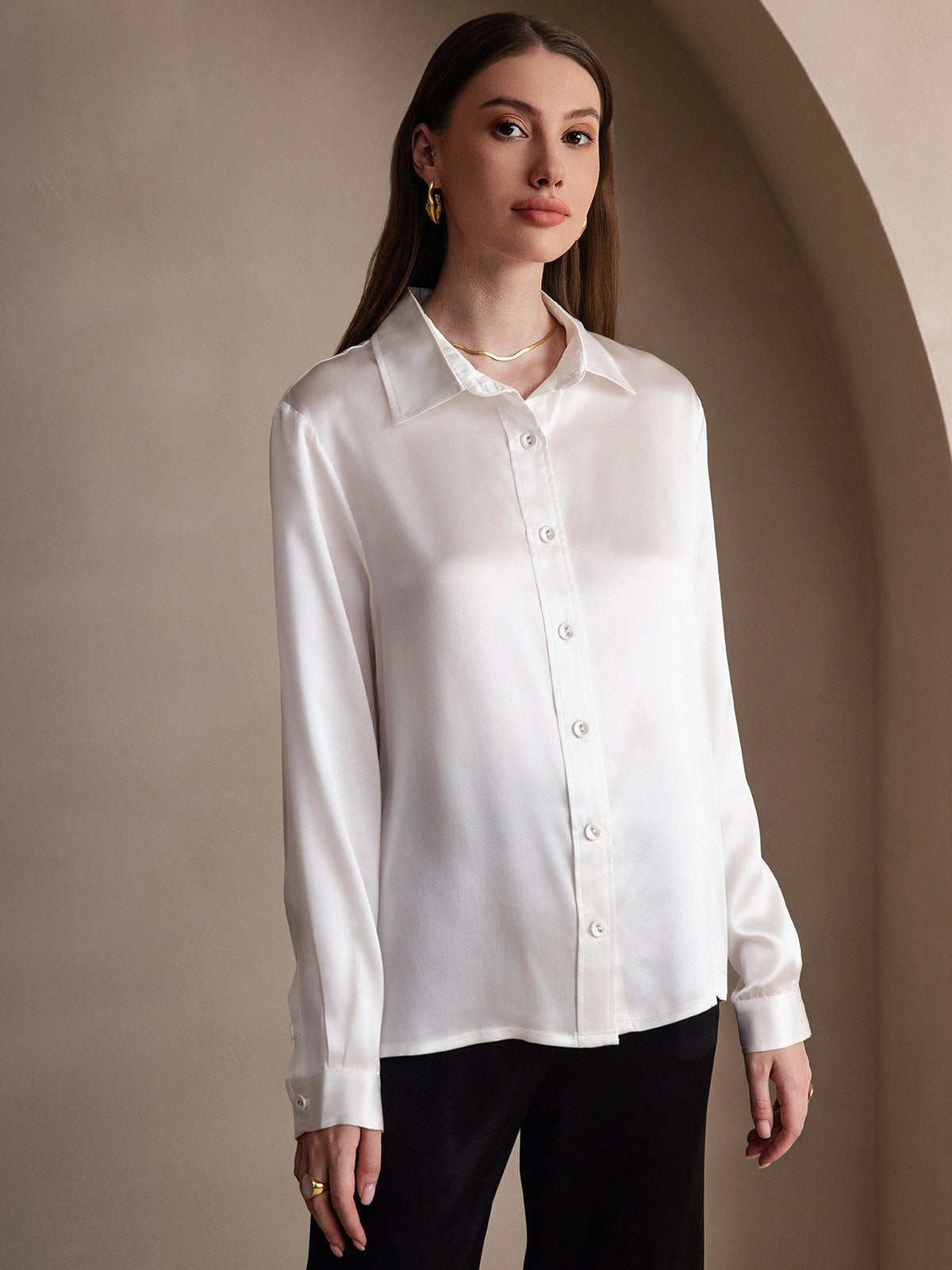 SilkSilky-DE 19Momme Seide Langärmelig Umlegekragen Damenhemd Weiß 003