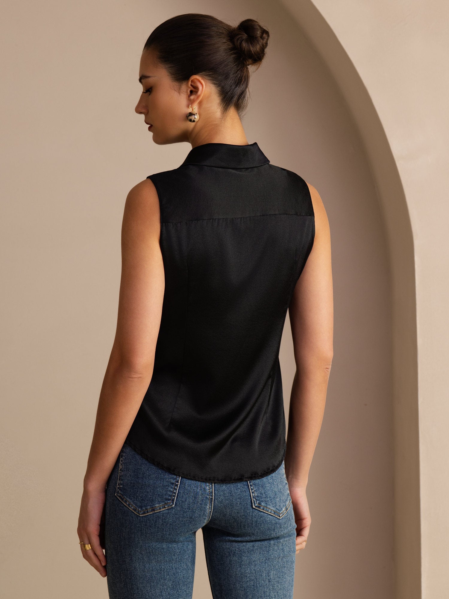 [Schwarz] SilkSilky-DE Sleeveless Lapel Collar Damenhemd 002
