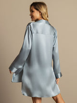 [Graublau] SilkSilky-DE Long Sleeve Lapel Collar Schlafhemd 003