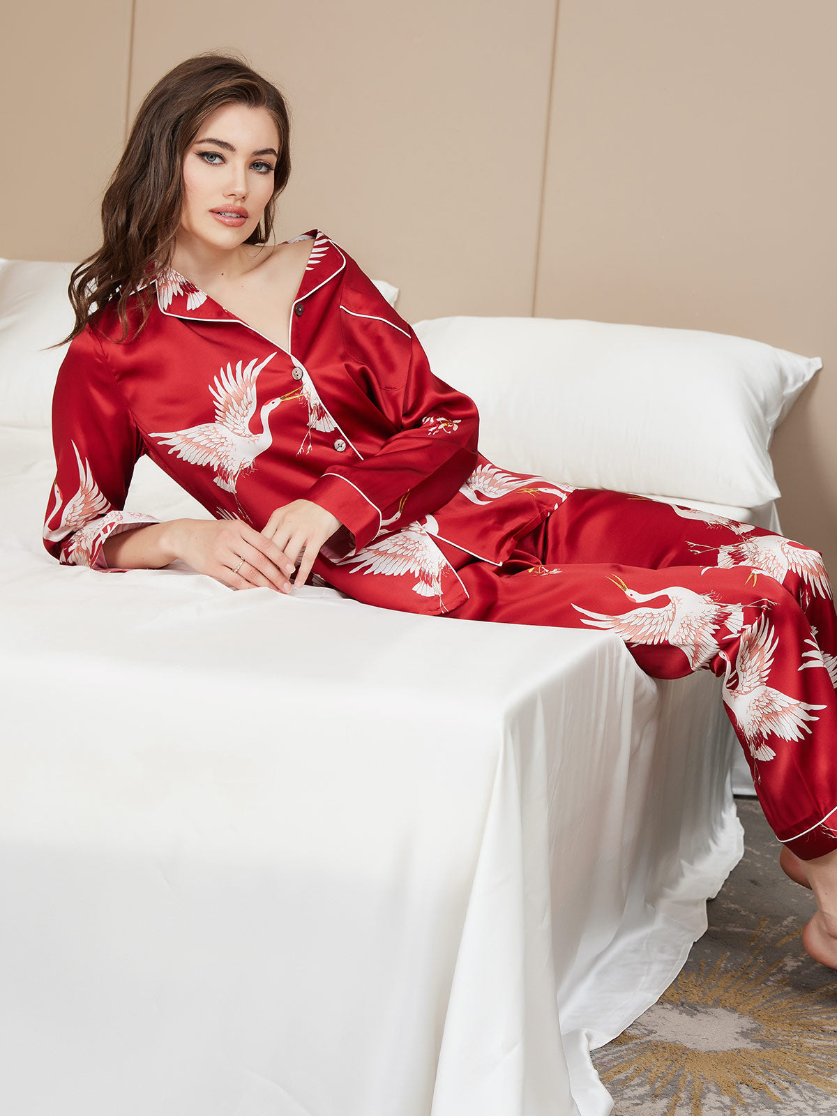 SilkSilky-DE 19Momme Reine Seide Langärmelig Revers Damen Pyjamas Dunkelrot 008