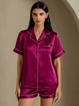 [Fuchsie] SilkSilky-DE Short Sleeve Notch-Kragen Damen Pyjamas 001