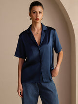 [Dunkelblau] SilkSilky-DE Short Sleeve Lapel Collar Damenhemd 001