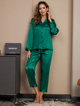 [Grün] SilkSilky-DE Long Sleeve Notch-Kragen Damen Pyjamas 003