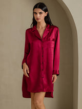 [Rotwein] SilkSilky-DE Long Sleeve Lapel Collar Schlafhemd 003