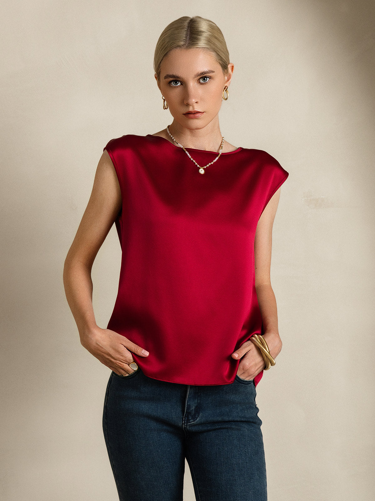 [Rotwein] SilkSilky-DE 19Momme Seide Womens T-Shirt 006