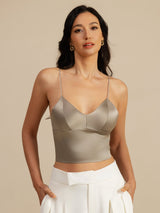 [Khaki] SilkSilky-DE Spaghetti Strap V Neck Cami Top 001