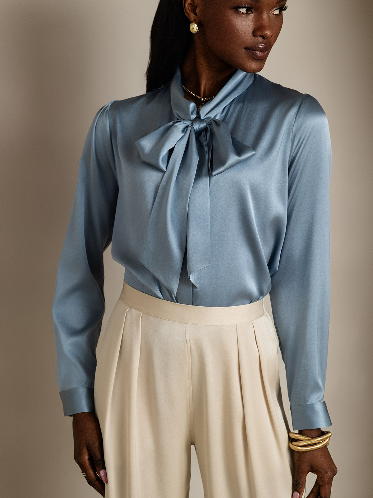 [Graublau] SilkSilky-DE 19Momme Seide Langärmelig Blouse 006