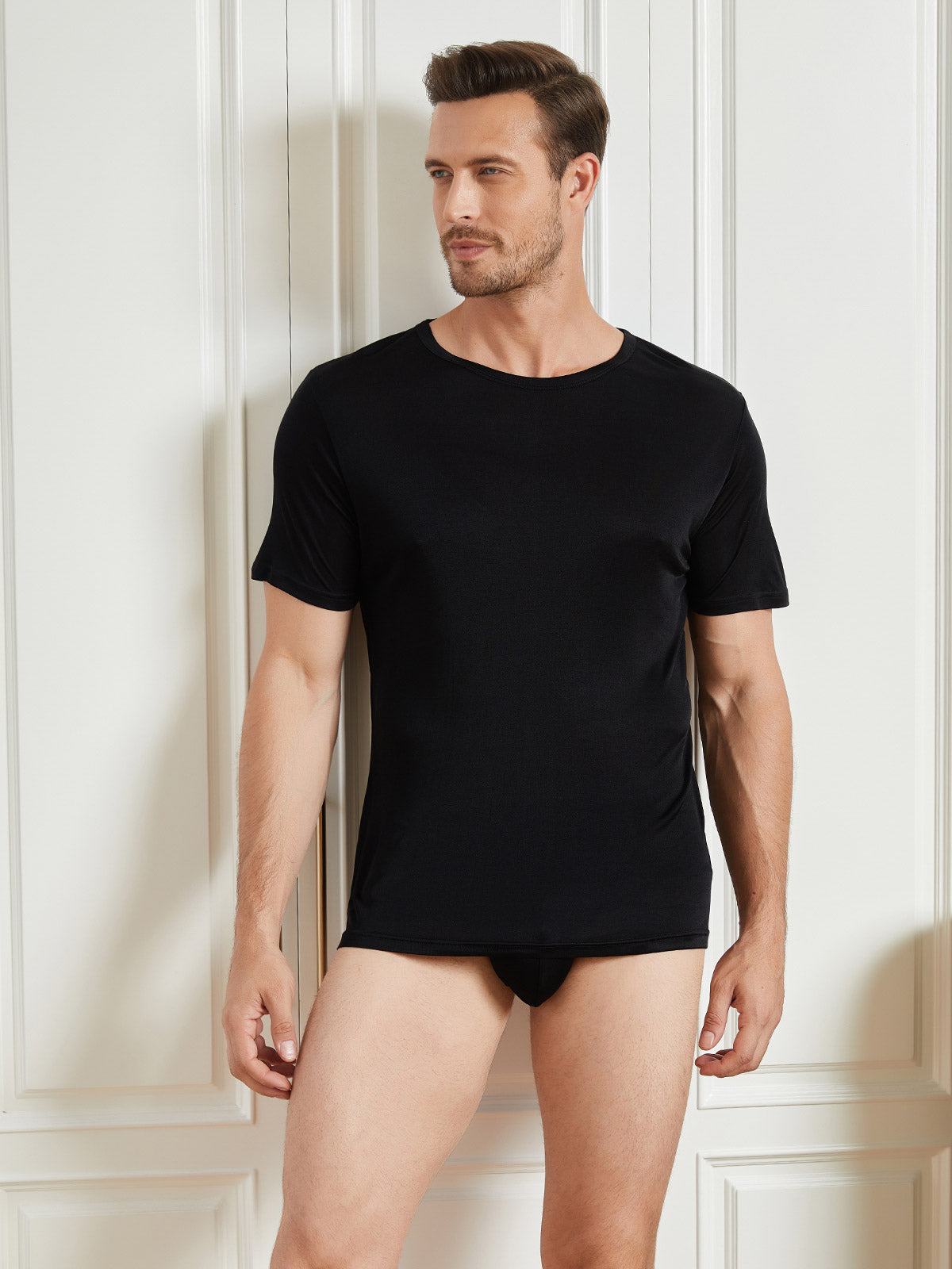 [Schwarz] SilkSilky-DE Seidenstrick Kurzärmelig Rundkragen Herren T-Shirt 005