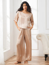 [Champagner] SilkSilky-DE Half Sleeve Round Neck Damen Pyjamas 003