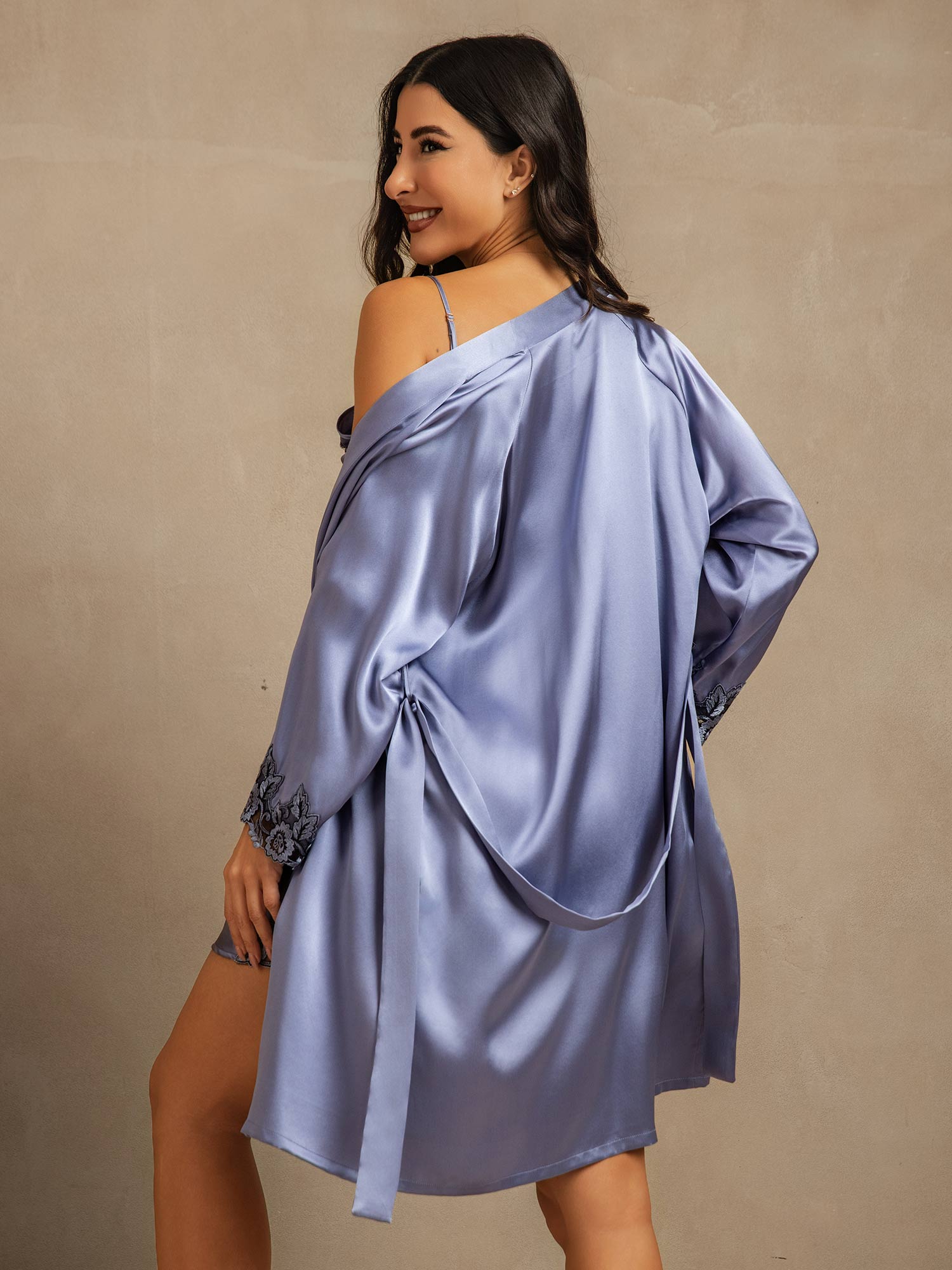 [Stahlblau] SilkSilky-DE 3/4-lange Ärmel Nightgown&Robe Set 002