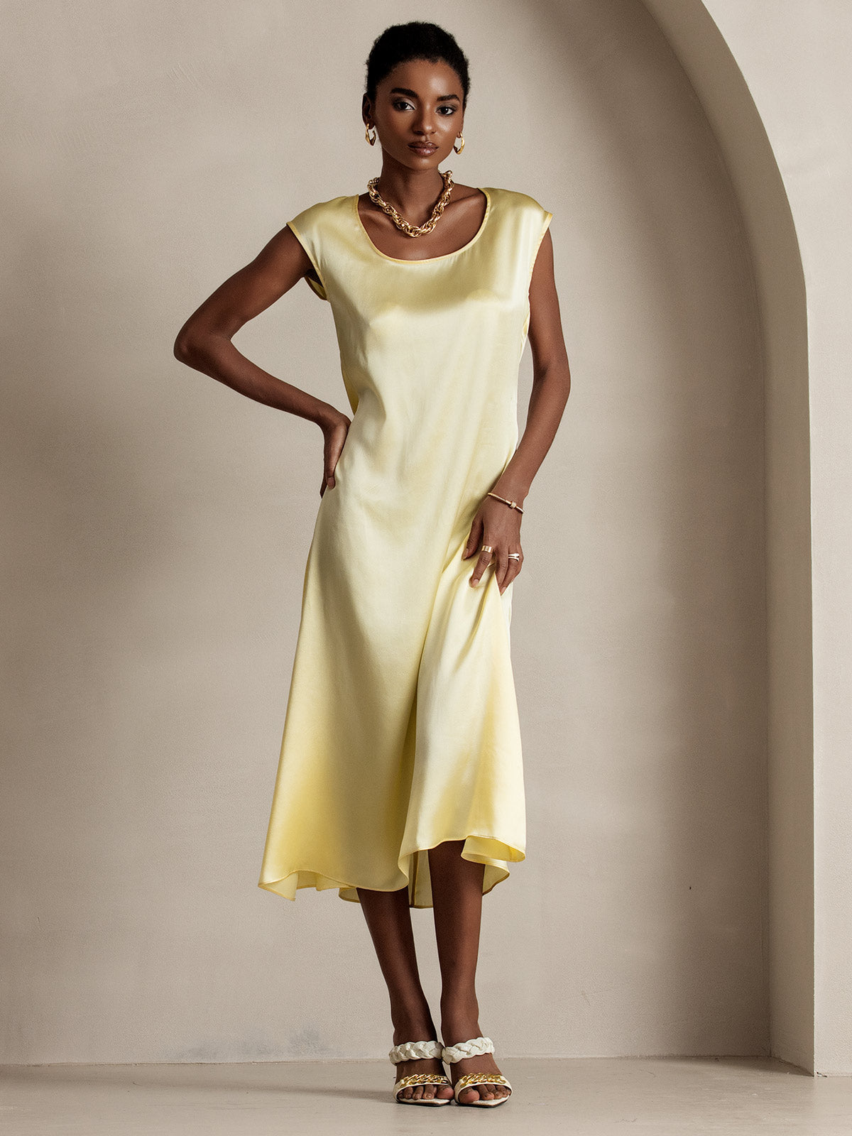 [Hellgelb] SilkSilky-DE 19Momme Seide Dress 003