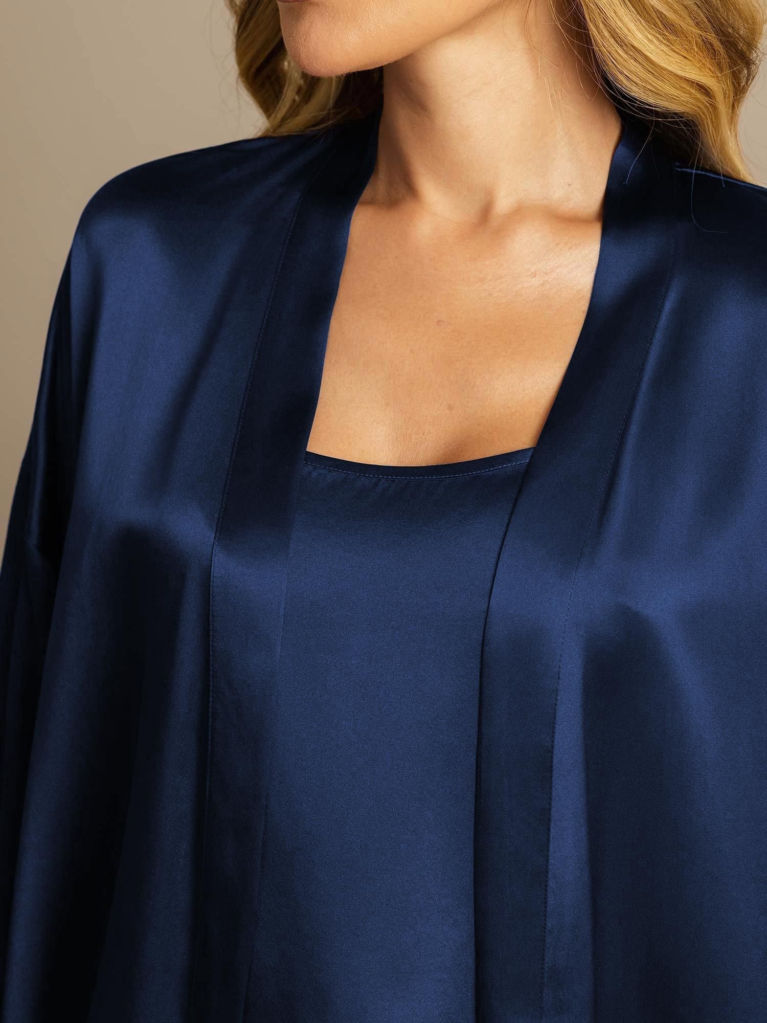 [Dunkelblau] SilkSilky-DE Reine Seide Nightgown&Robe Set 004,