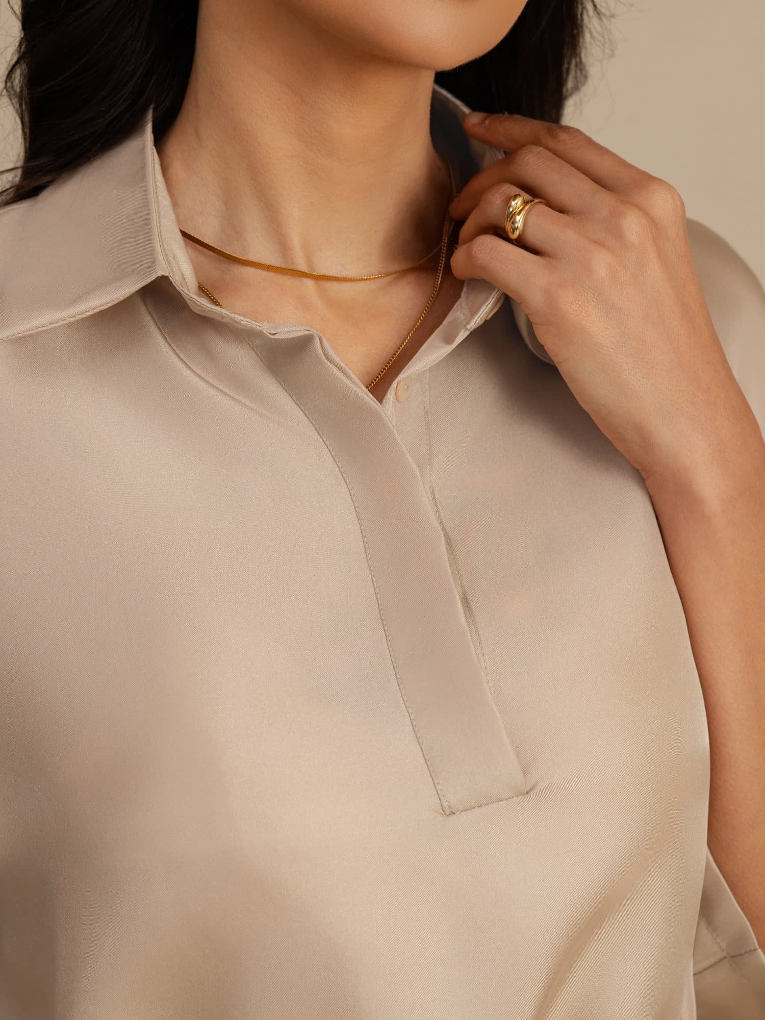 [Tan] SilkSilky-DE 18Momme Halblange Ärmel Lapelkragen Bluse 004