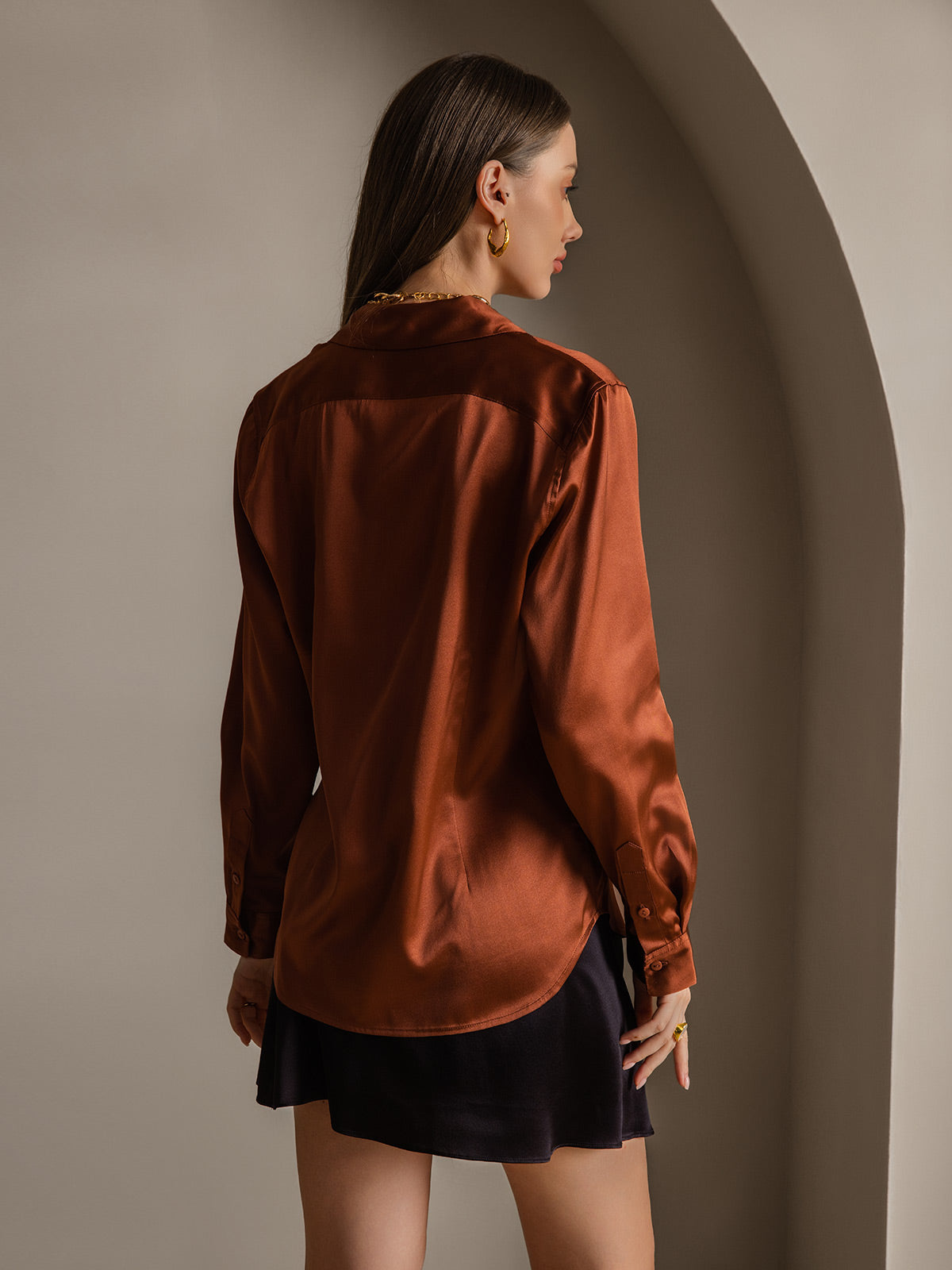 [Karamell] SilkSilky-DE Seide Langärmelig Umlegekragen Damenhemd 002