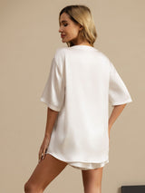 [Weiß] SilkSilky-DE Kurzärmelig Rundhalsausschnitt Damen Pyjamas 002