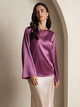[Dunkelviolett] SilkSilky-DE Long Sleeve Boat Neck Bluse 005