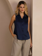 [Dunkelblau] SilkSilky-DE Sleeveless Lapel Collar Damenhemd 001