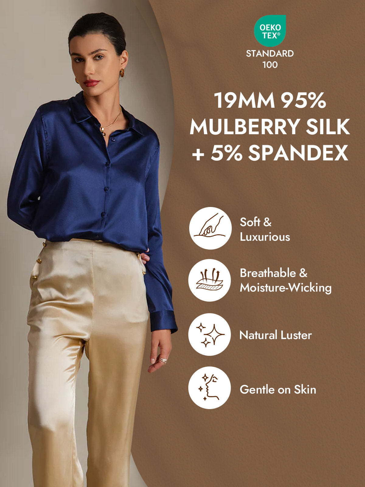 [Dunkelblau] SilkSilky-DE Seide Langärmelig Umlegekragen Damenhemd 004