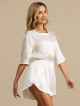 [Weiß] SilkSilky-DE Kurzärmelig Rundhalsausschnitt Damen Pyjamas 003
