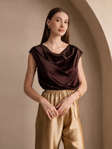 [Dunkle Schokolade] SilkSilky-DE Cap Sleeve Cowl Neck T-Shirt 001