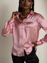 [Rosa Streifen] SilkSilky-DE Long Sleeve Lapel Collar Damenhemd 003