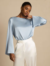 [Graublau] SilkSilky-DE Long Sleeve Boat Neck Bluse 001