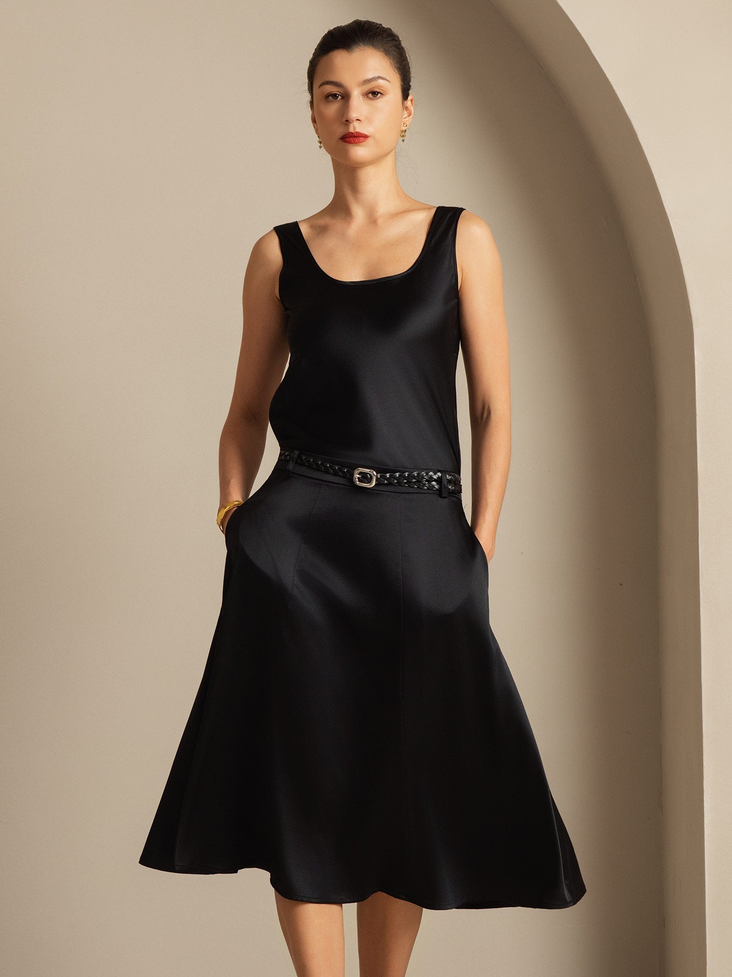 [Schwarz] SilkSilky-DE 19Momme Seide U Ausschnitt Cami Top 001,