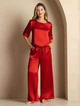 [Rotwein] SilkSilky-DE Half Sleeve Round Neck Damen Pyjamas 001