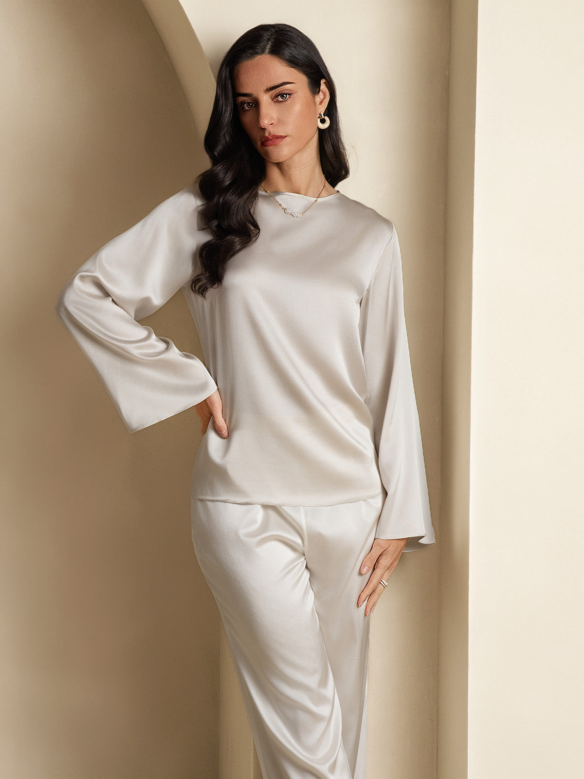 [Hellgrau] SilkSilky-DE 19Momme Seide Womens T-Shirt 004,