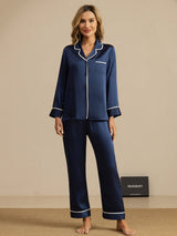 [Dunkelblau] SilkSilky-DE Langärmelig Notch-Kragen Damen Pyjamas 001