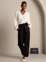 [Schwarz] SilkSilky-DE 32Momme Silk-Wool Blend Womens Pants 003