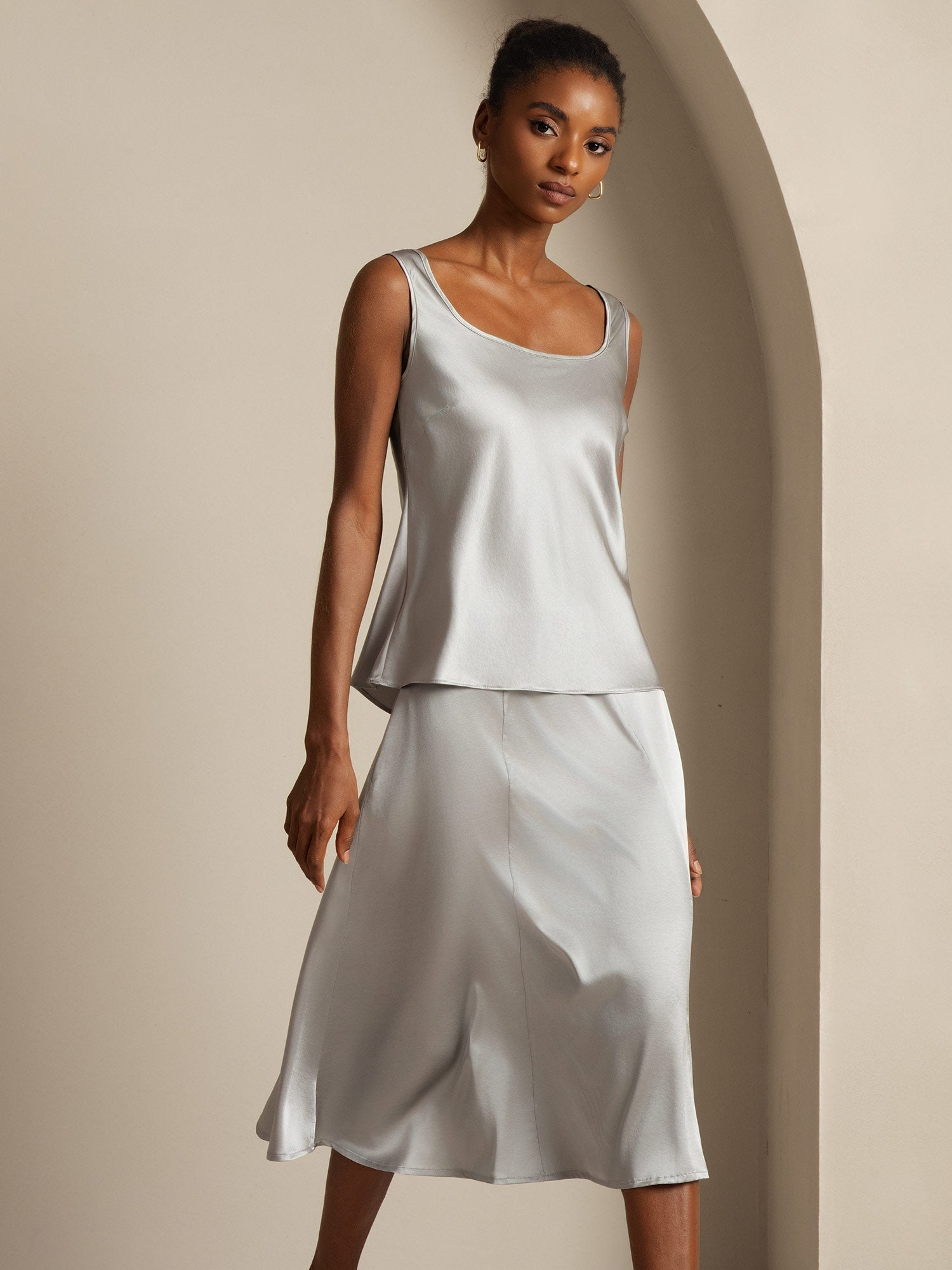 [Greifgrau] SilkSilky-DE 19Momme Seide U Ausschnitt Cami Top 004,