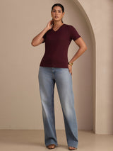 [Rotwein] SilkSilky-DE Short Sleeve V Neck T-Shirt 006